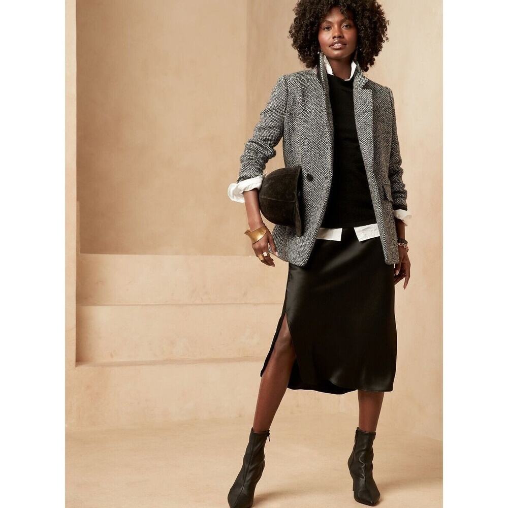 Banana Republic Tweed Jacket Womens 2 Herringbone‎ Black Marled Wool Blazer Coat